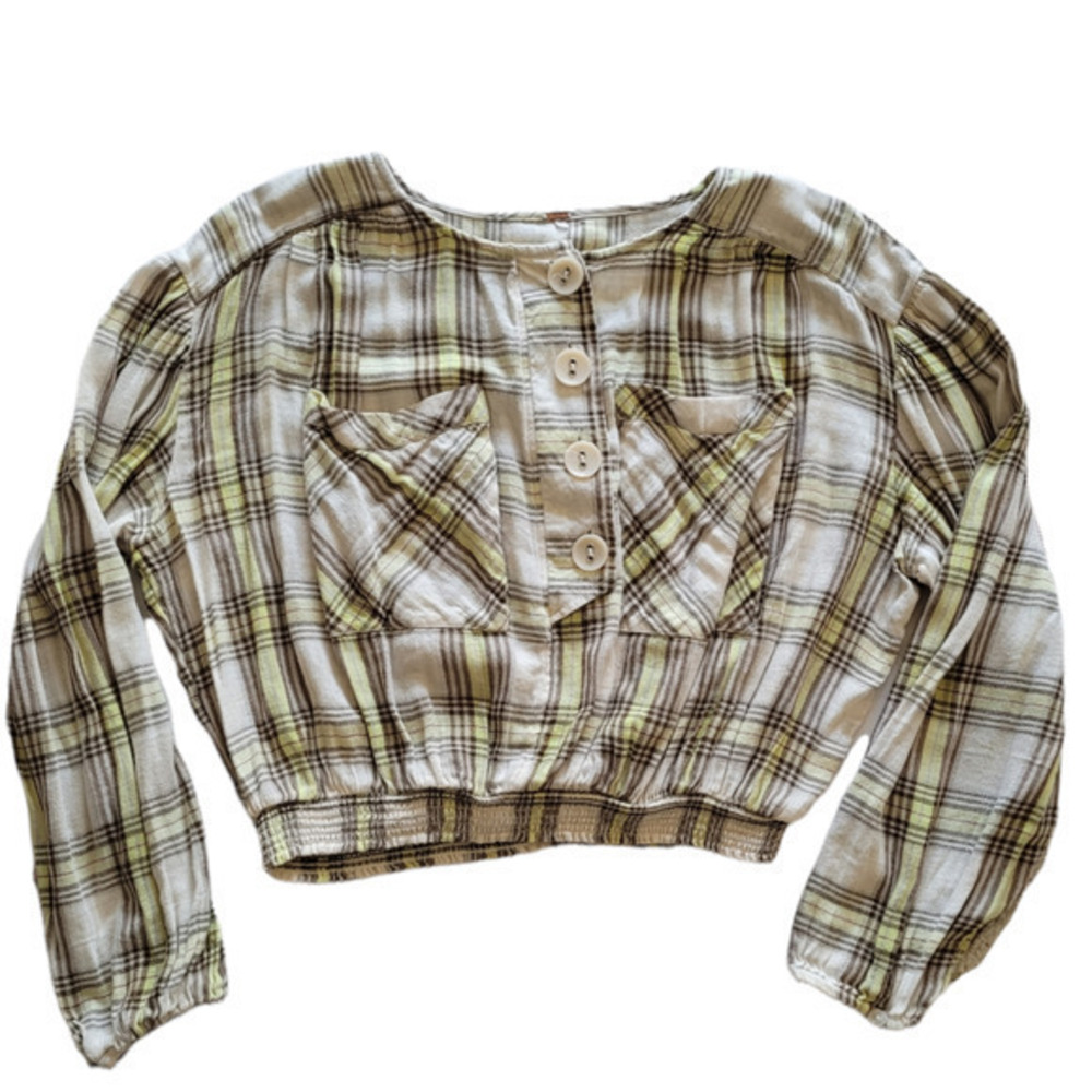 HP Free People Plaid Smocked Waist Puffy‎ Long Sleeves Cropped Top Pockets